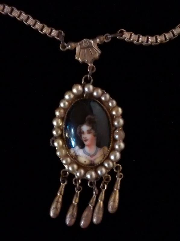 Czechoslovakian Portrait Pendant Necklace Book Chain