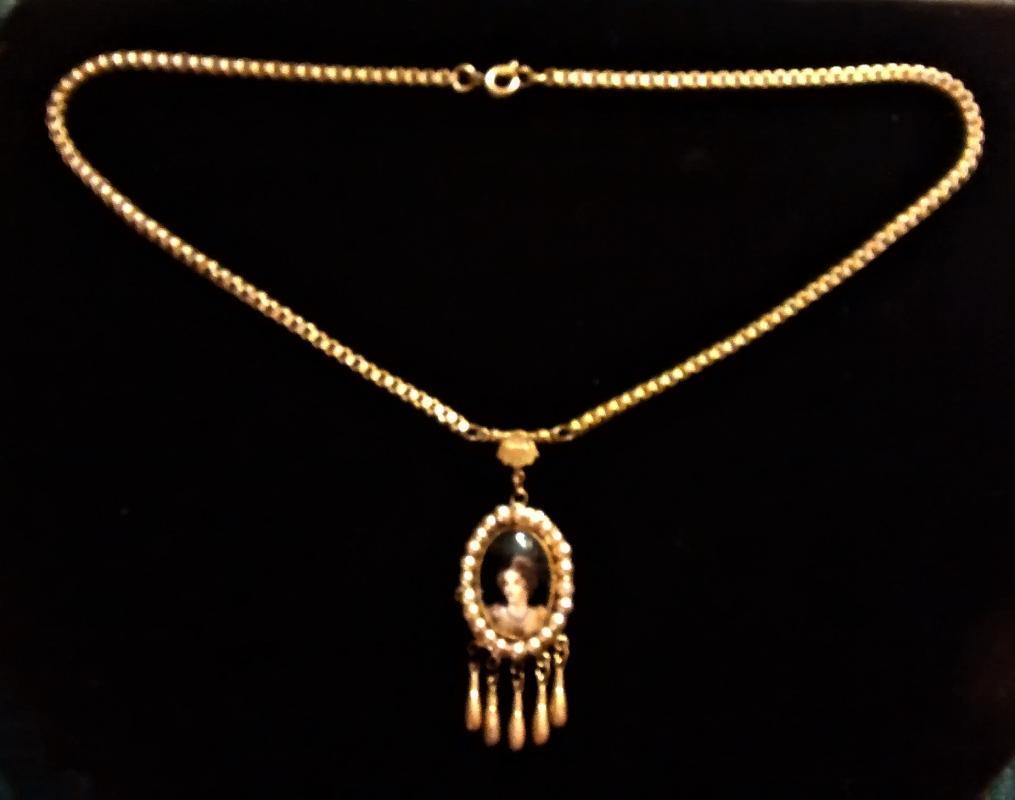 Czechoslovakian Portrait Pendant Necklace Book Chain