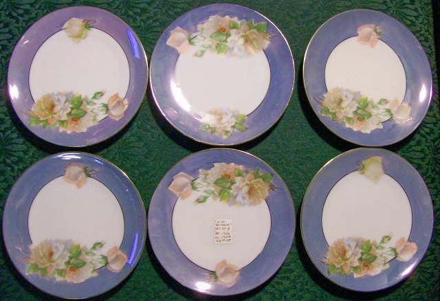 Moschendorf Bavaria Porcelain Plate Set/6 Blue Luster w/ Roses Ca. 1930's 6