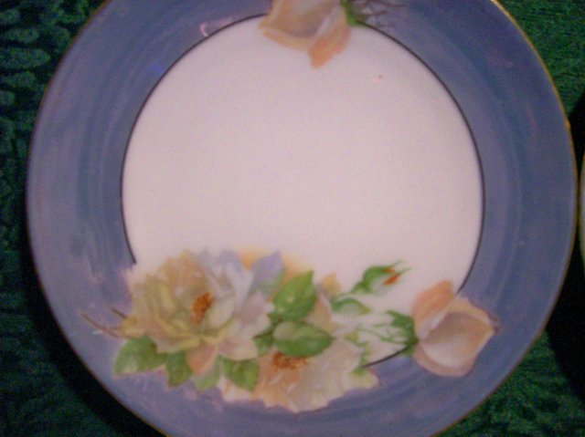 Moschendorf Bavaria Porcelain Plate Set/6 Blue Luster w/ Roses Ca. 1930's 6