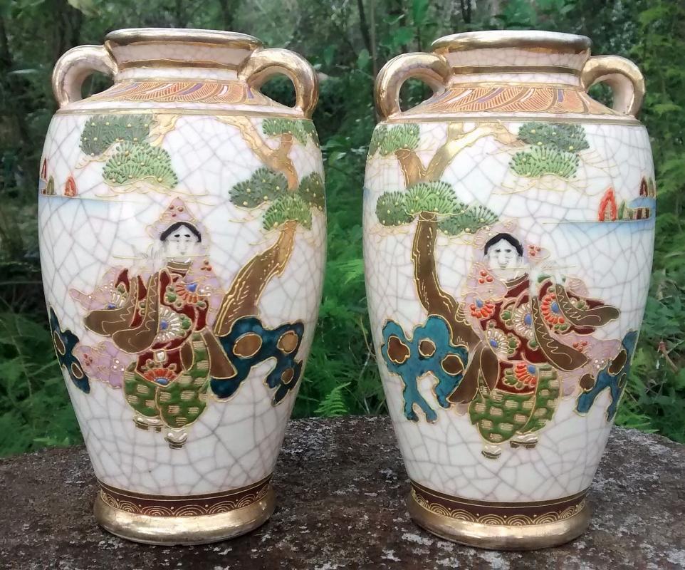 Satsuma Ceramic Vase Pair Mirror Image Warrior/Woman with Flute