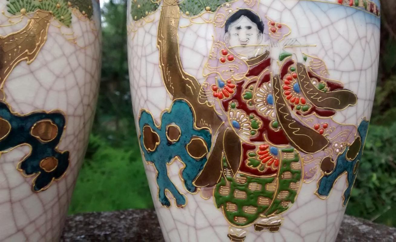 Satsuma Ceramic Vase Pair Mirror Image Warrior/Woman with Flute