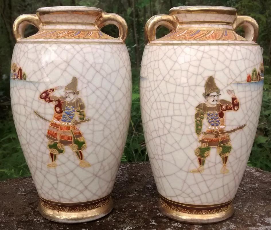 Satsuma Ceramic Vase Pair Mirror Image Warrior/Woman with Flute