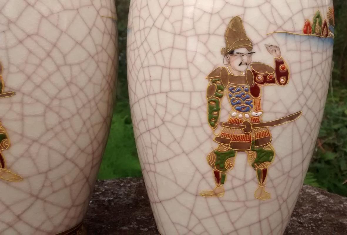 Satsuma Ceramic Vase Pair Mirror Image Warrior/Woman with Flute