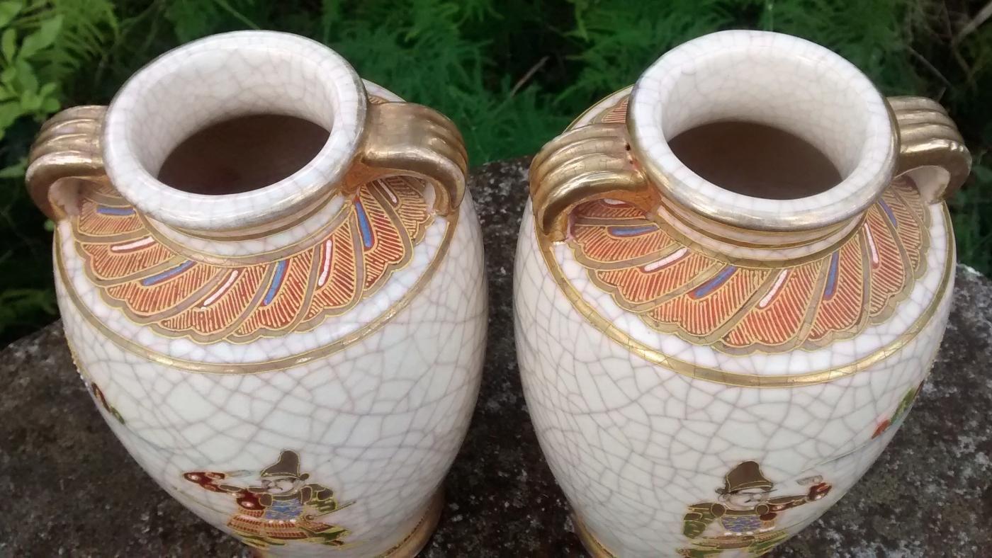 Satsuma Ceramic Vase Pair Mirror Image Warrior/Woman with Flute