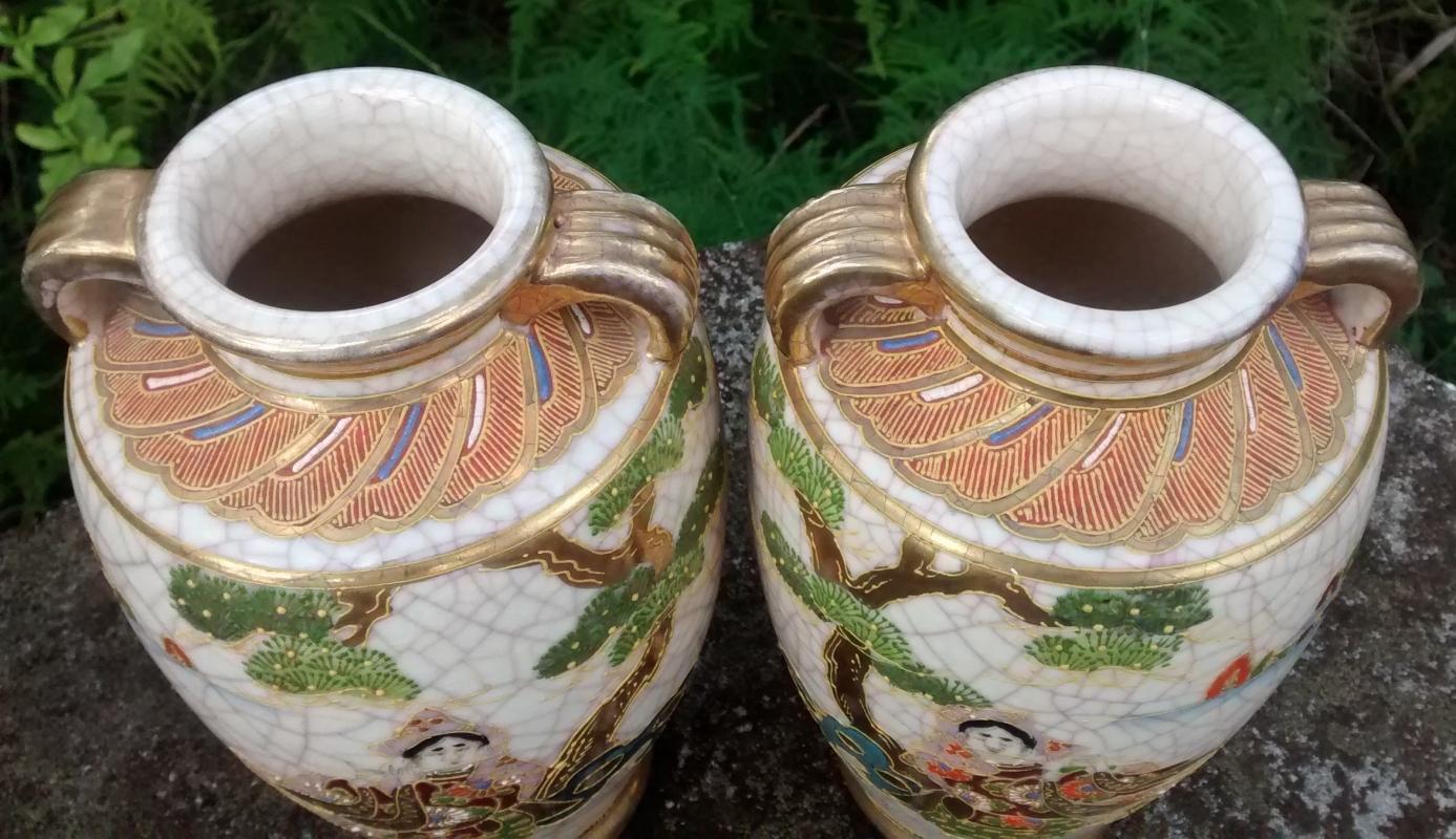Satsuma Ceramic Vase Pair Mirror Image Warrior/Woman with Flute