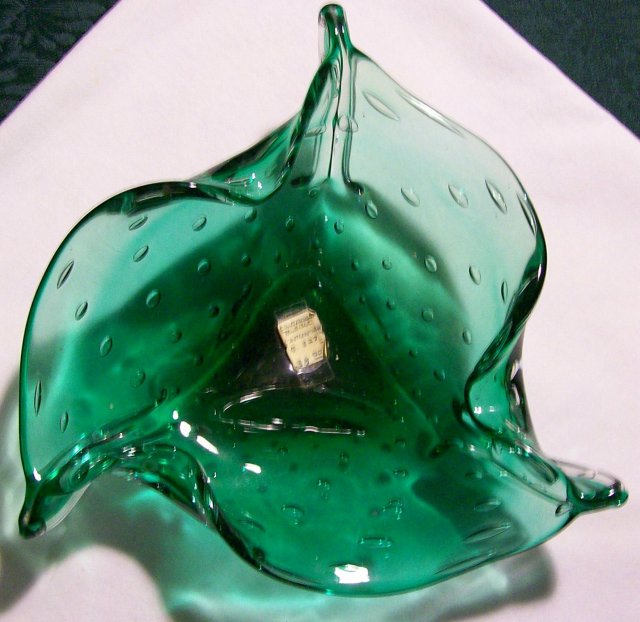 Controlled Bubble Art Glass Tricorn Bowl 1950's Jade Green Murano Italy