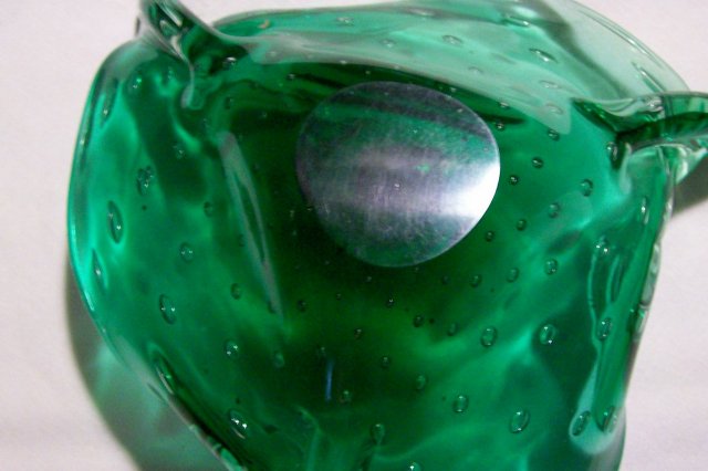 Controlled Bubble Art Glass Tricorn Bowl 1950's Jade Green Murano Italy