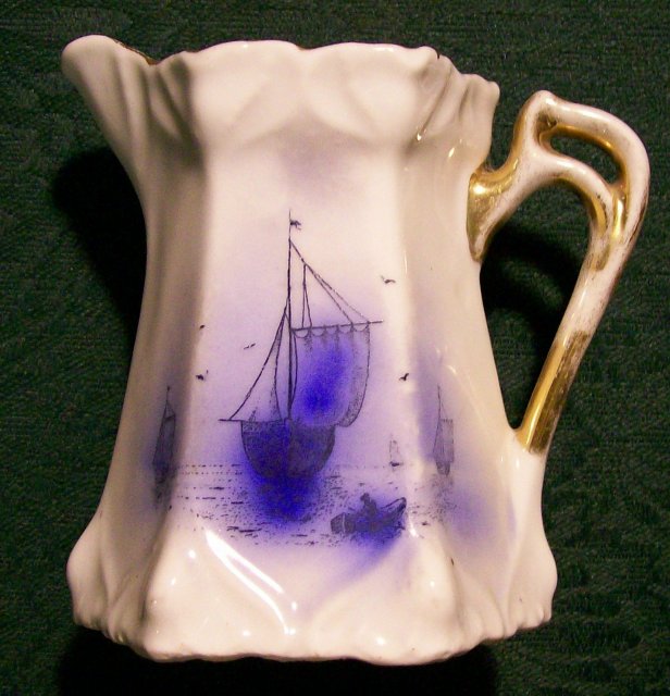 Art Nouveau German Porcelain Cream Pitcher Blue & White Sailing Ship Ca. 1900