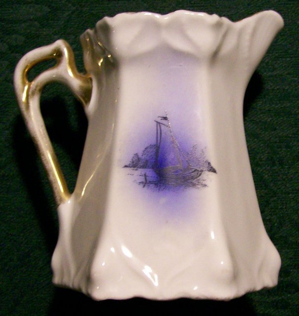 Art Nouveau German Porcelain Cream Pitcher Blue & White Sailing Ship Ca. 1900
