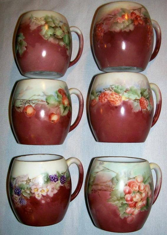 T&V Limoges Porcelain Mug Set Six Different Hand-Painted Fruit Designs