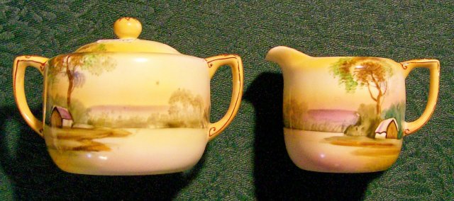 Noritake Porcelain Cream & Sugar with Lid: Landscape Scenery 1920's-30's