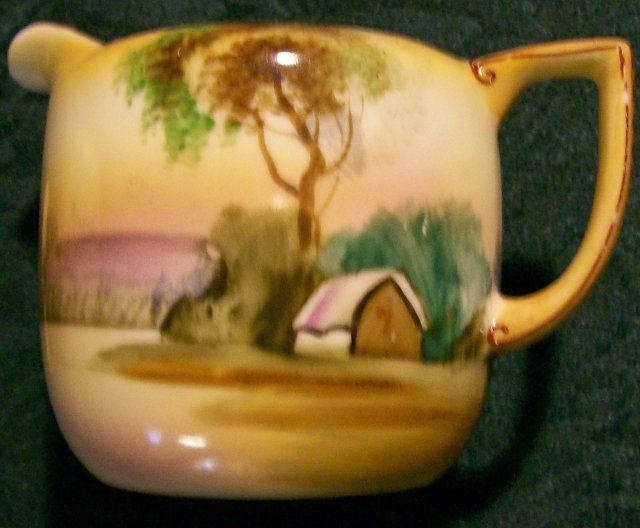 Noritake Porcelain Cream & Sugar with Lid: Landscape Scenery 1920's-30's