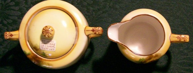 Noritake Porcelain Cream & Sugar with Lid: Landscape Scenery 1920's-30's
