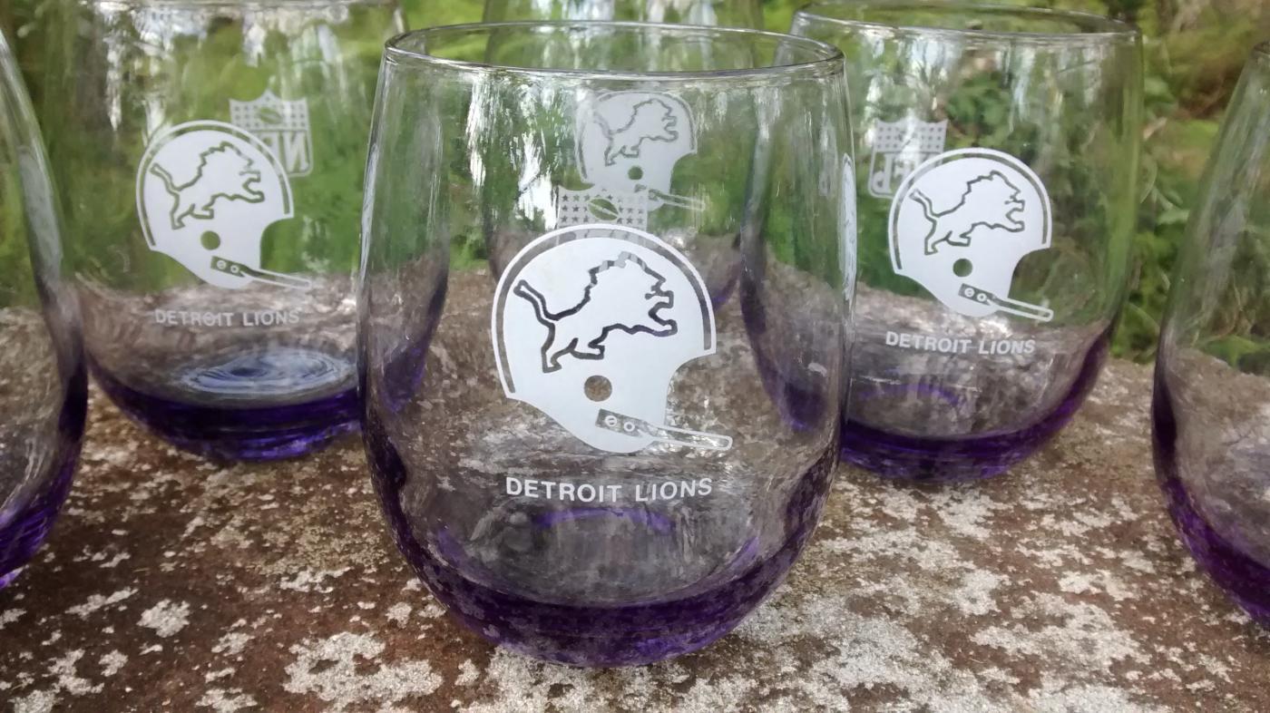 NFL Detroit Lions Smoke Glass Tumbler Set/6 1979 Mobil Gas Promo