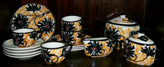 Schramberg Irma German Ceramic Tea Set 1920's Black/Orange Flowers 15 Pieces