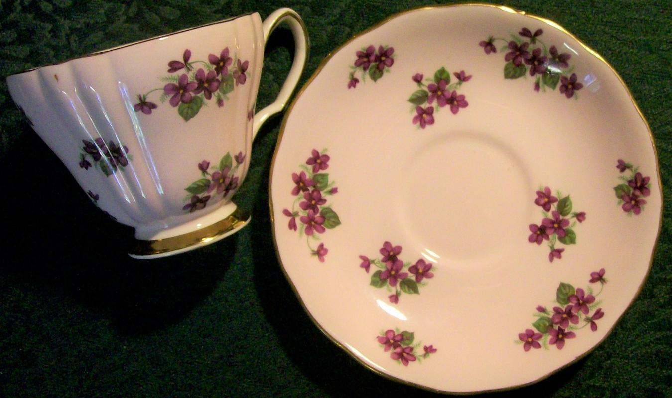 Ridgway/Colclough Bone China Cup & Saucer Purple Violet on Pink 1950s