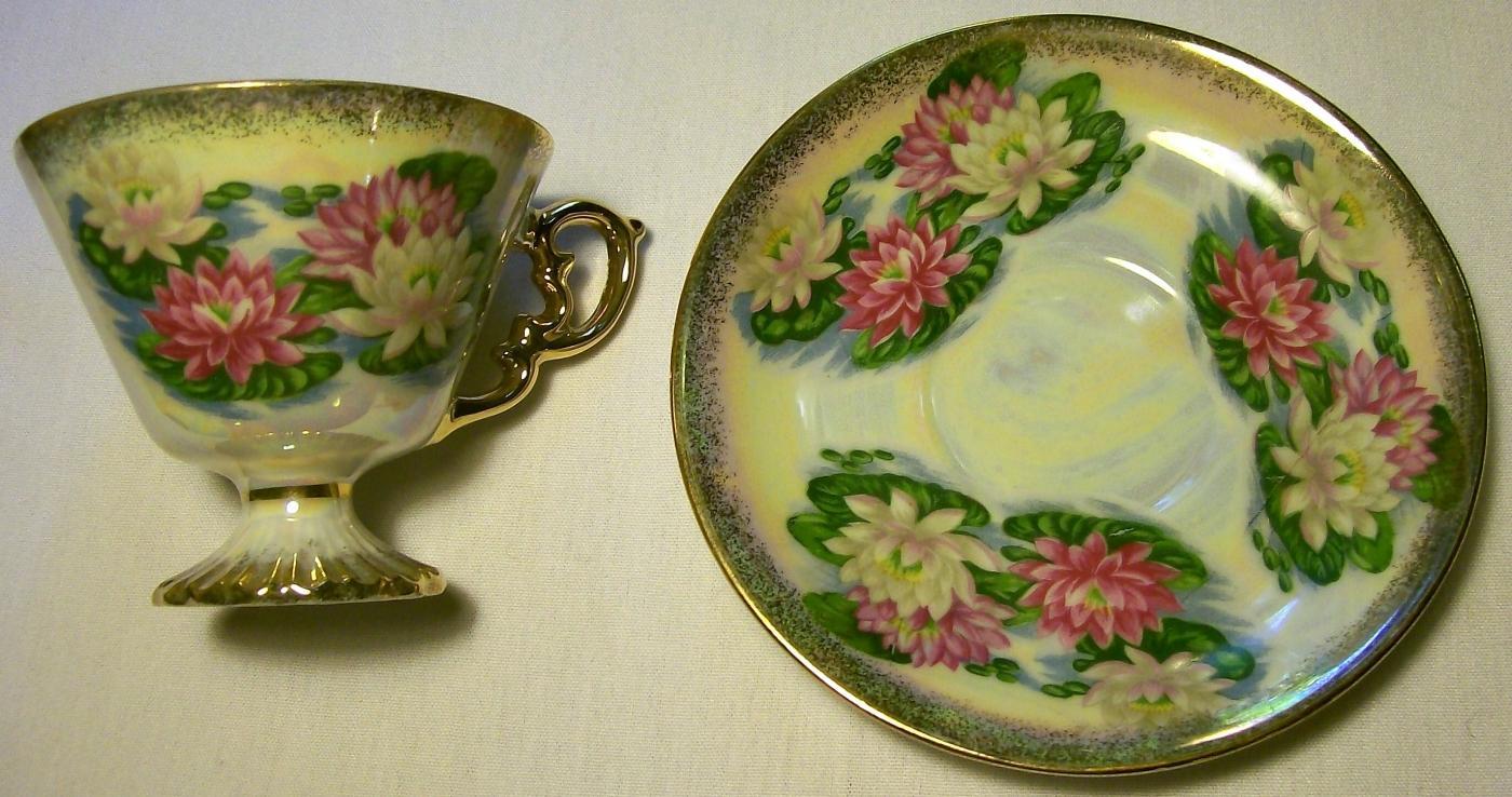 Water Lily Cup & Saucer Ca. 1950s Pedestal Luster