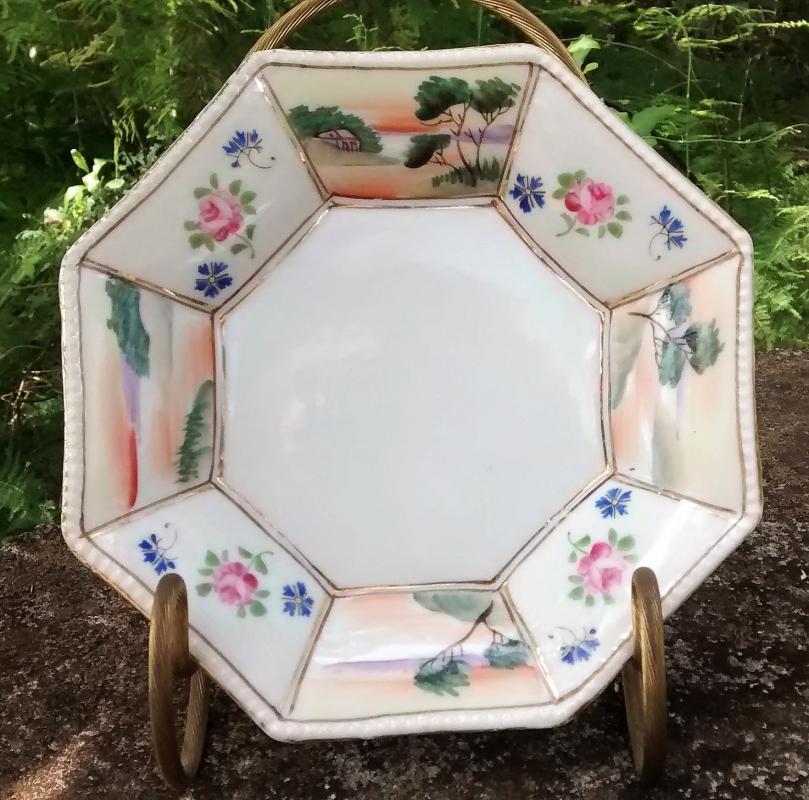 Nippon Hand-Painted Octagonal Dish Landscape/Floral 1891-1921
