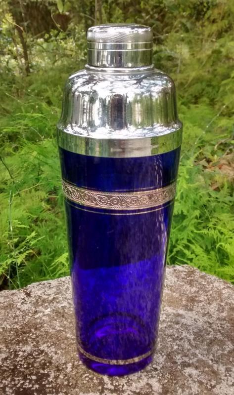 Cobalt Blue Glass Cocktail Shaker Morgantown or Tiffin Minton Platinum Encrusted Band 1930s