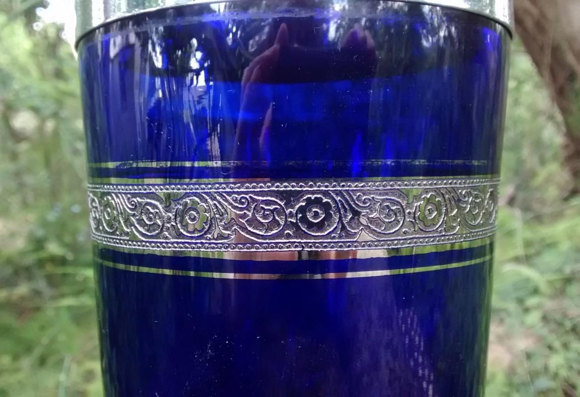 Cobalt Blue Glass Cocktail Shaker Morgantown or Tiffin Minton Platinum Encrusted Band 1930s
