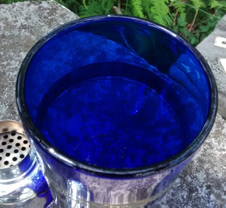 Cobalt Blue Glass Cocktail Shaker Morgantown or Tiffin Minton Platinum Encrusted Band 1930s