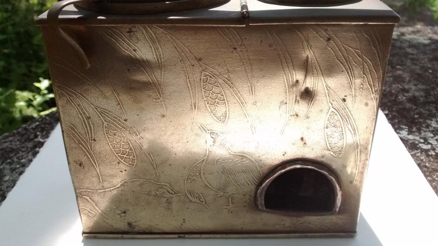 Brass Sake/Tea Warmer/Stove Late 1800s Japan Embossed Quail
