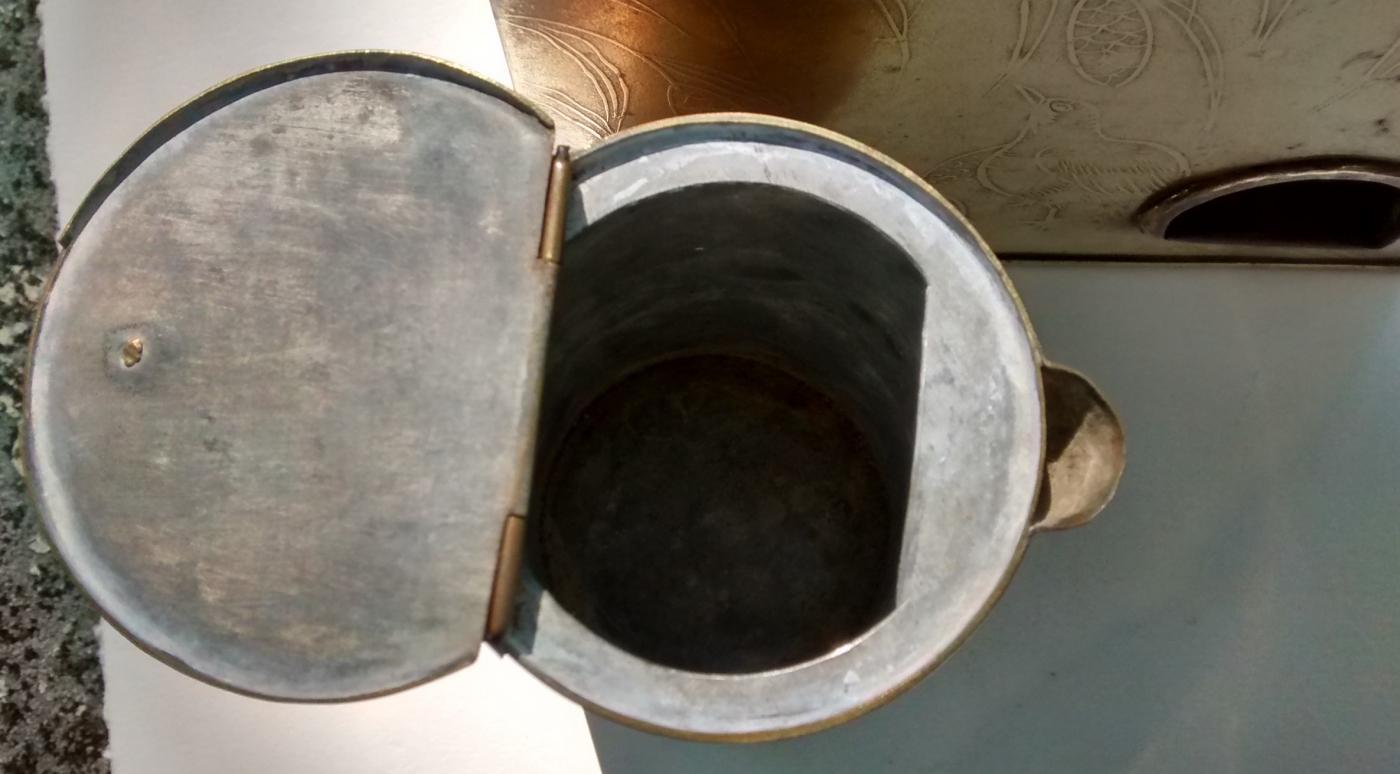 Brass Sake/Tea Warmer/Stove Late 1800s Japan Embossed Quail