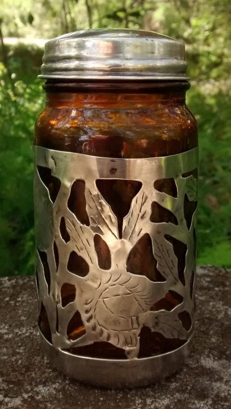Taxco Mexico Sterling Silver Overlay Jar w/Lid Amber Glass 4.75