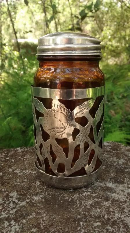 Taxco Mexico Sterling Silver Overlay Jar w/Lid Amber Glass 4.75