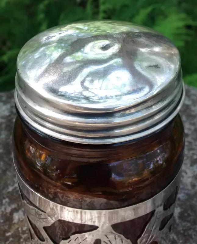 Taxco Mexico Sterling Silver Overlay Jar w/Lid Amber Glass 4.75