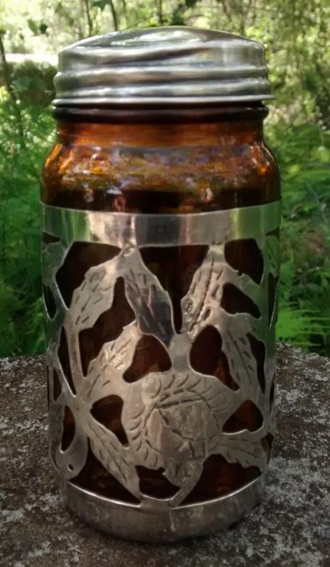 Taxco Mexico Sterling Silver Overlay Jar w/Lid Amber Glass 4.75