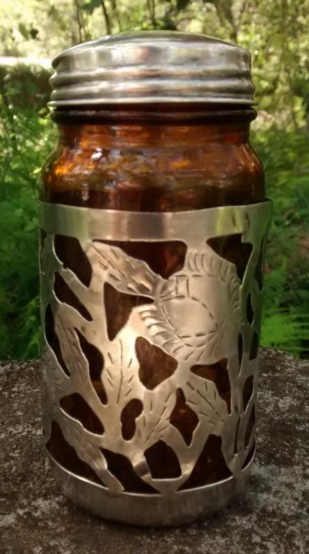 Taxco Mexico Sterling Silver Overlay Jar w/Lid Amber Glass 4.75