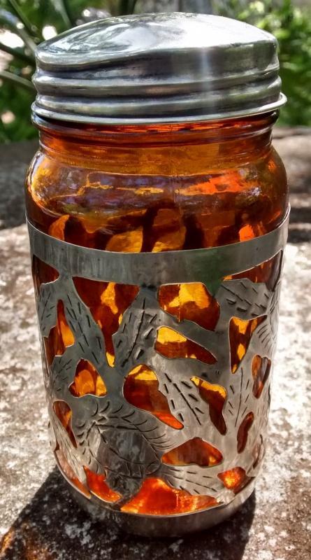 Taxco Mexico Sterling Silver Overlay Jar w/Lid Amber Glass 4.75