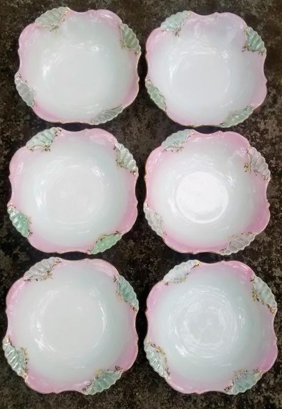 Victorian Bowl Set/6 Pink Shading w/Green Luster Shells Late 1800s