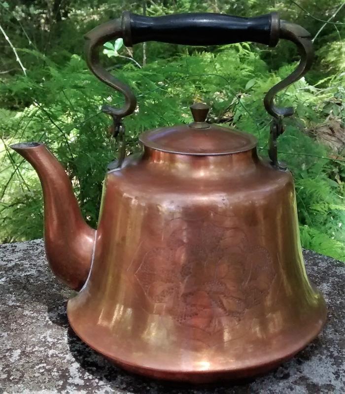 Copper Teapot Hammered Floral Design Brass Handle