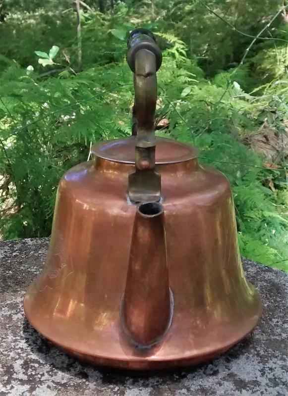 Copper Teapot Hammered Floral Design Brass Handle