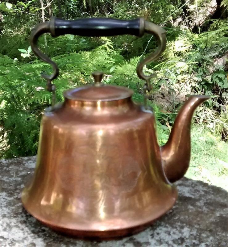 Copper Teapot Hammered Floral Design Brass Handle