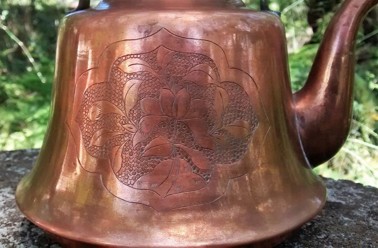 Copper Teapot Hammered Floral Design Brass Handle