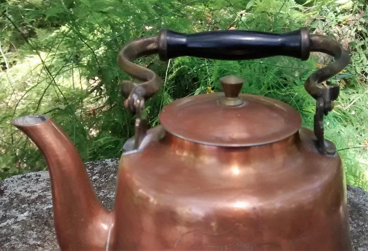 Copper Teapot Hammered Floral Design Brass Handle