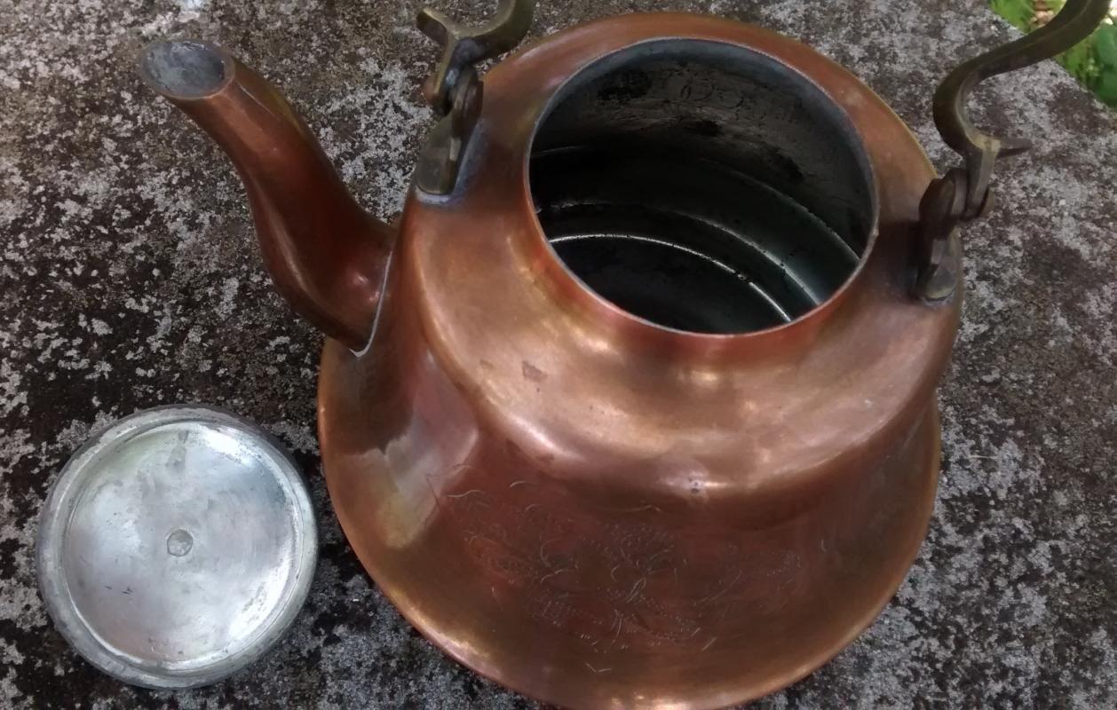 Copper Teapot Hammered Floral Design Brass Handle