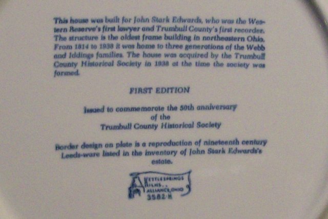 John Stark Edwards House Ceramic Plate: Trumbull Co. Ohio