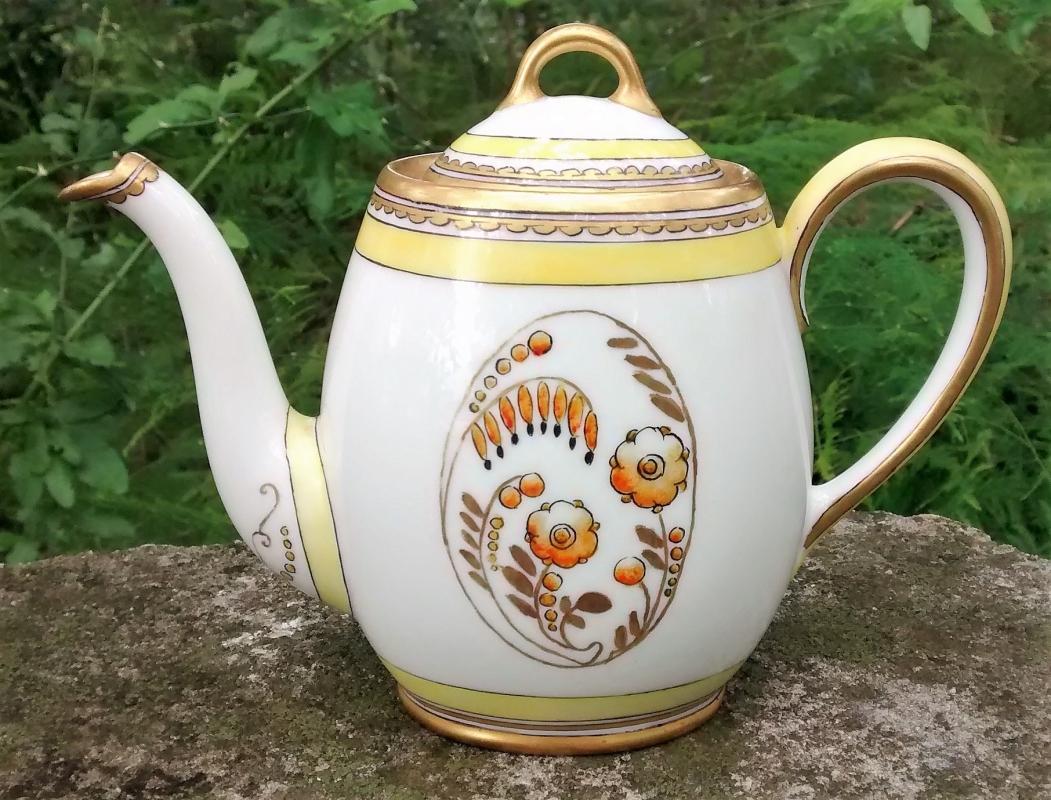 Limoges Teapot Art Deco Orange Floral 5.5