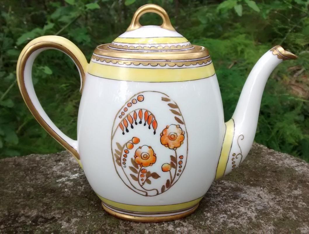 Limoges Teapot Art Deco Orange Floral 5.5