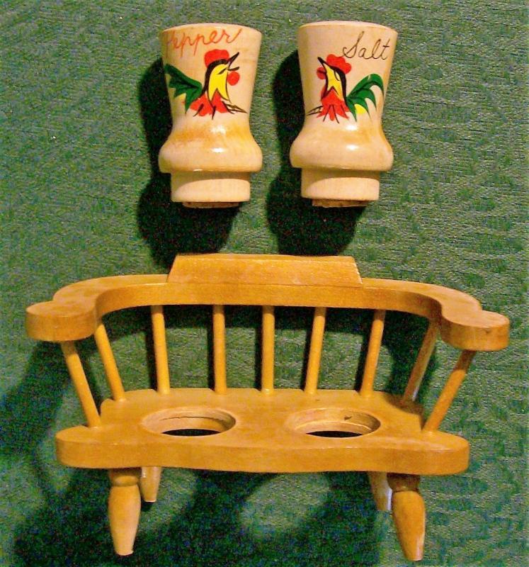 Rooster Salt & Pepper Wood Shakers w/ Bench Holder 1950s