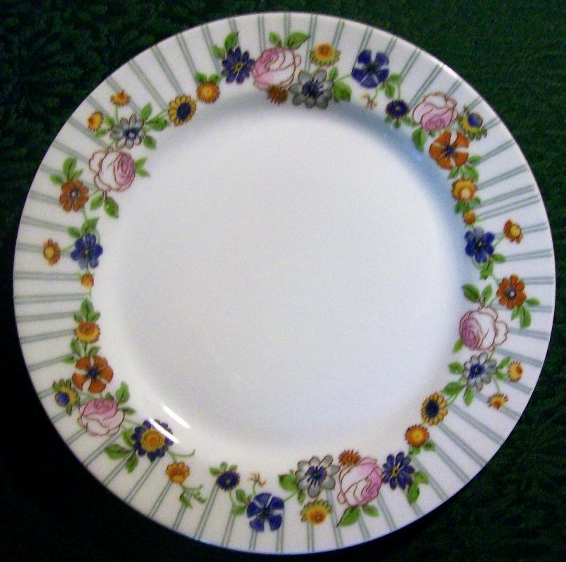 Pouyat Limoges Plate Ca. 1930 Porcelain Blue Stripes & Posies