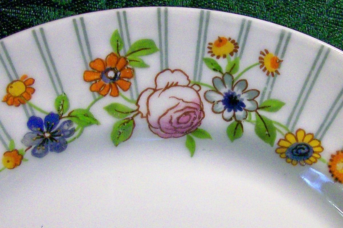 Pouyat Limoges Plate Ca. 1930 Porcelain Blue Stripes & Posies