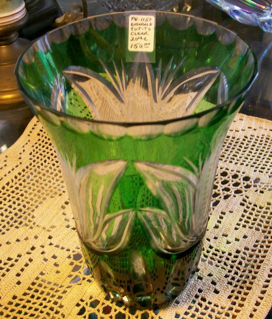 Bohemian-style Cut Glass Vase: Emerald Green Cut To Clear