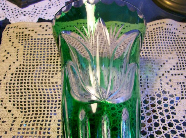 Bohemian-style Cut Glass Vase: Emerald Green Cut To Clear