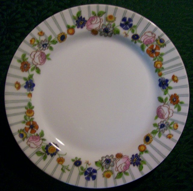 J. Pouyat Limoges Porcelain Plate Ca. 1930 Blue Stripes & Posies